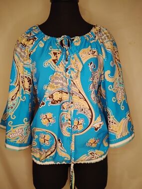 VENUS Turquoise Paisley Tie-Neck Peasant Blouse